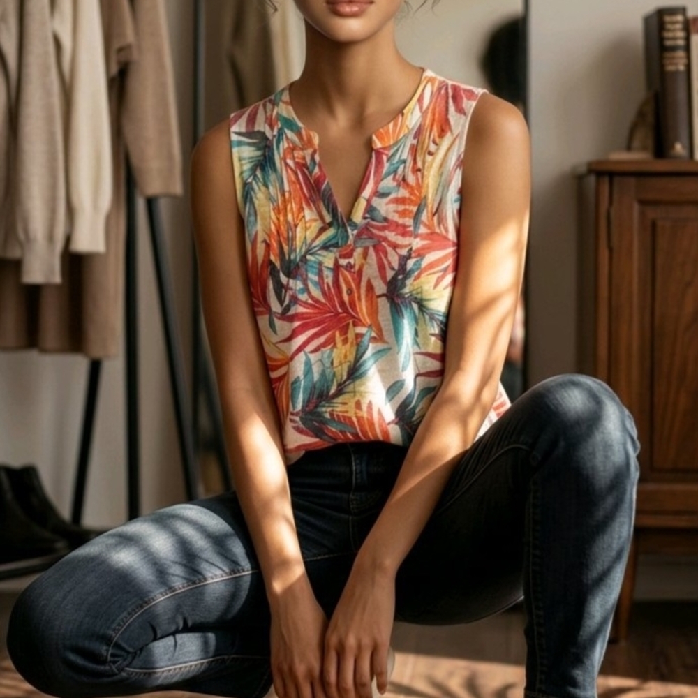 Notations Multicolor Leaf Print Blouse Sleeveless size L